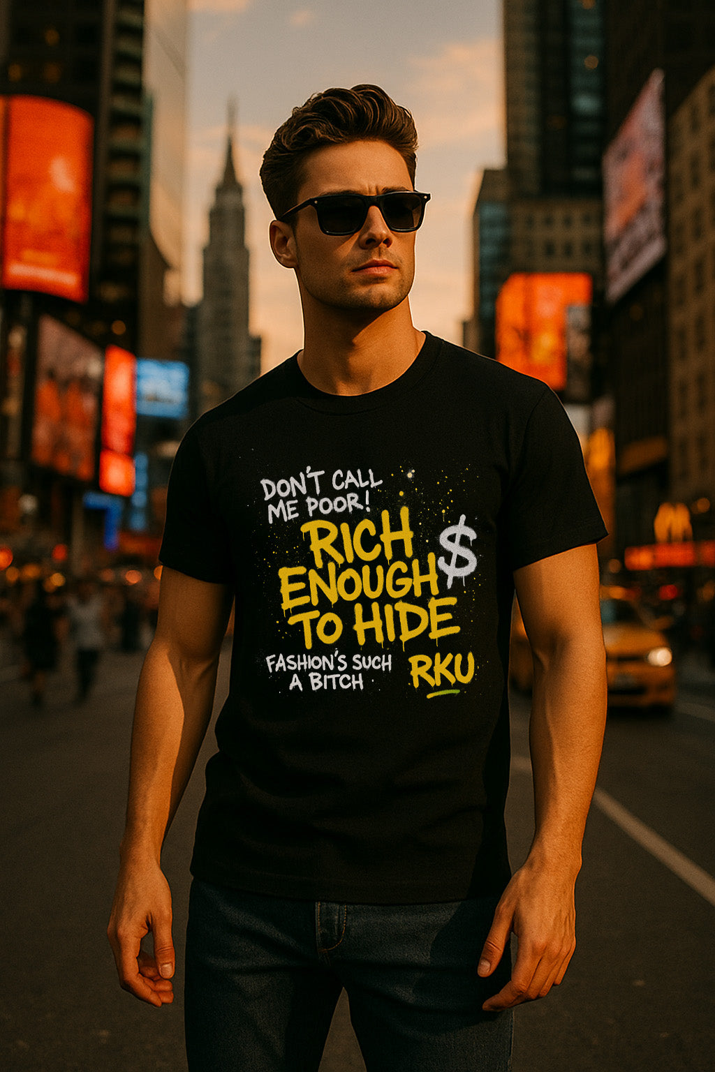 RKU Street Statement Shirt – “Rich Enough To Hide” (Black/Yellow)